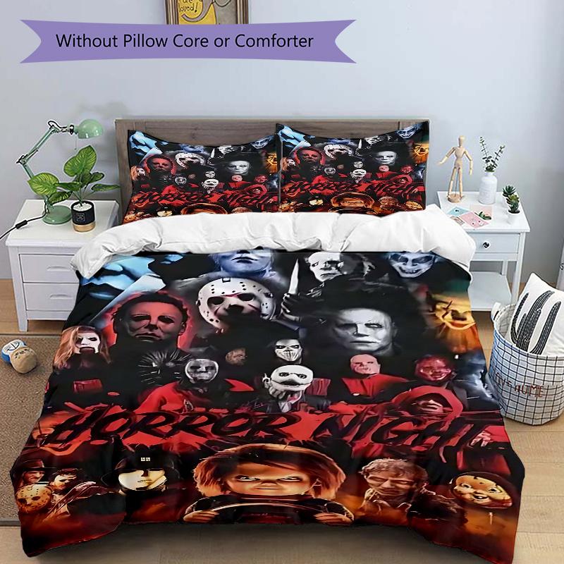 

3pcs Horror Night Movie Characters Comforter Set with 1 Quilt Cover and 2 Pillowcases (No Core) - Halloween Decorations, Home Decor, Holiday Gift, Pol 135x200cm