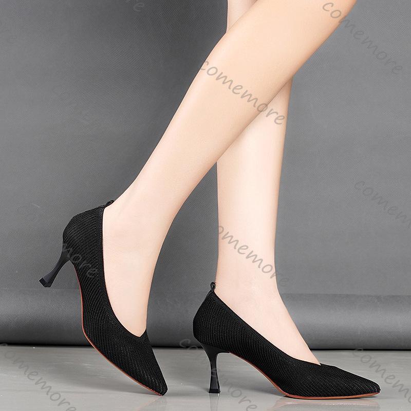 Fashion Comemore Pointed Toe Single Shoes High Heels Simple Solid Color Knitting Pumps Woman Shoes Spring Autumn Solid Heels for Women