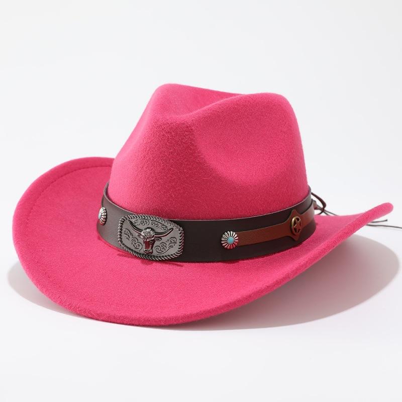 Western New Belt Minority Style Jazz Hat Men's and Women's Cowboy Hat Big Eaves Hat Woolen Top Hat