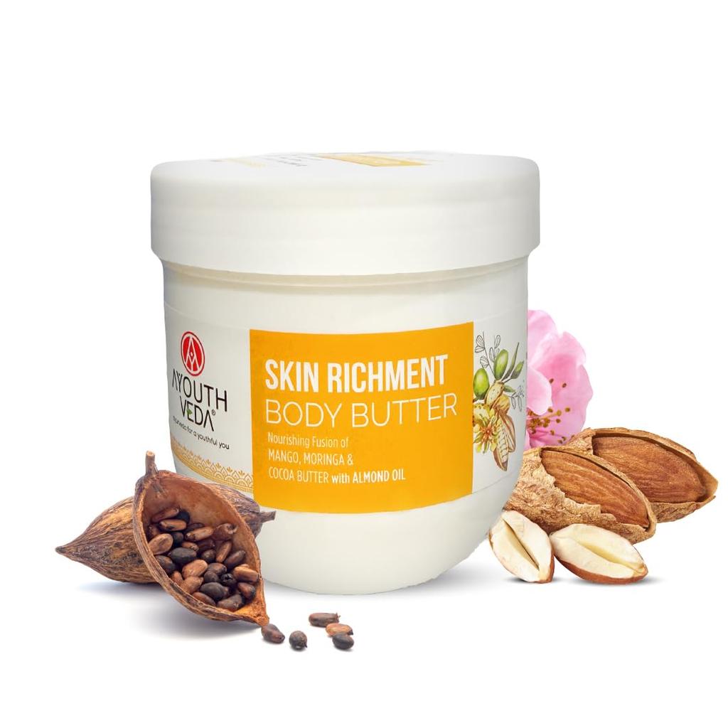 Ayouthveda Skin Richment Körperbutter | Reichhaltige Mischung aus Kakao-, Moringa- und Mangobutter mit Mandelöl | Ganztägig nicht klebrige Feuchtigkeitscreme für den täglichen Gebrauch für