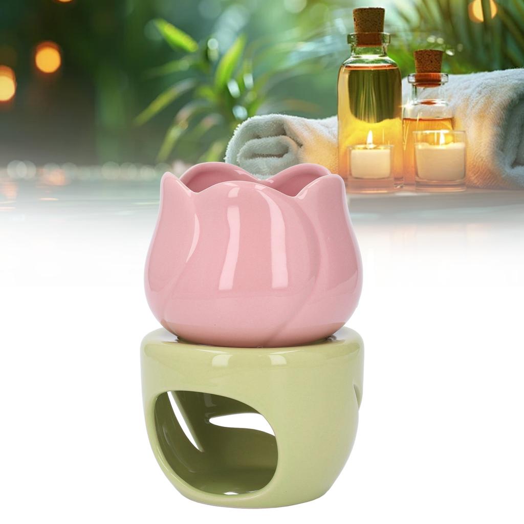 Pink Flower Shape Ceramic Aromatherapy Burner with Green Stand Tealight Candle Holder Essential Oil Burner