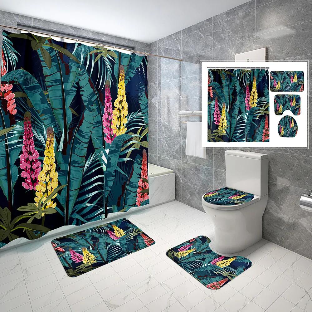 Elegant Leaves Big Flowers Print Shower Curtain With Hooks High Quality Waterproof Bathroom Curtain Bath Mat Set Home Decoration