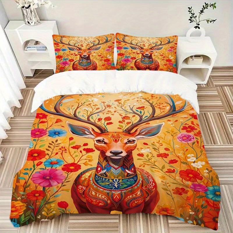 3pcs Animal-themed Deer Flowers Soft and Comfortable Breathability, Bedding Set, Machine Washable, Suitable for All Seasons145