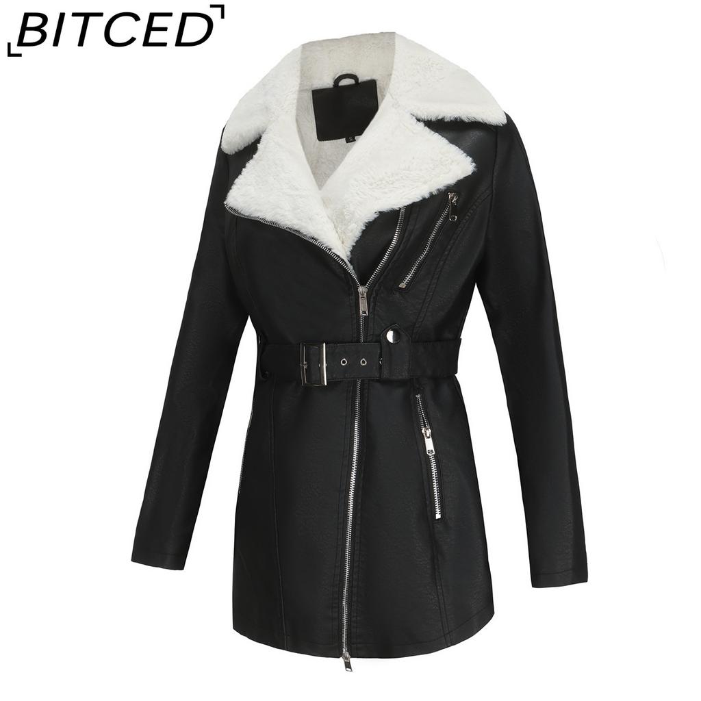 BITCED Autumn/Winter Long-Sleeved Fleece-Lined Leather Jacket for Women with Lapel Collar, Double-Ended Zip and Belted Waist for Warmth