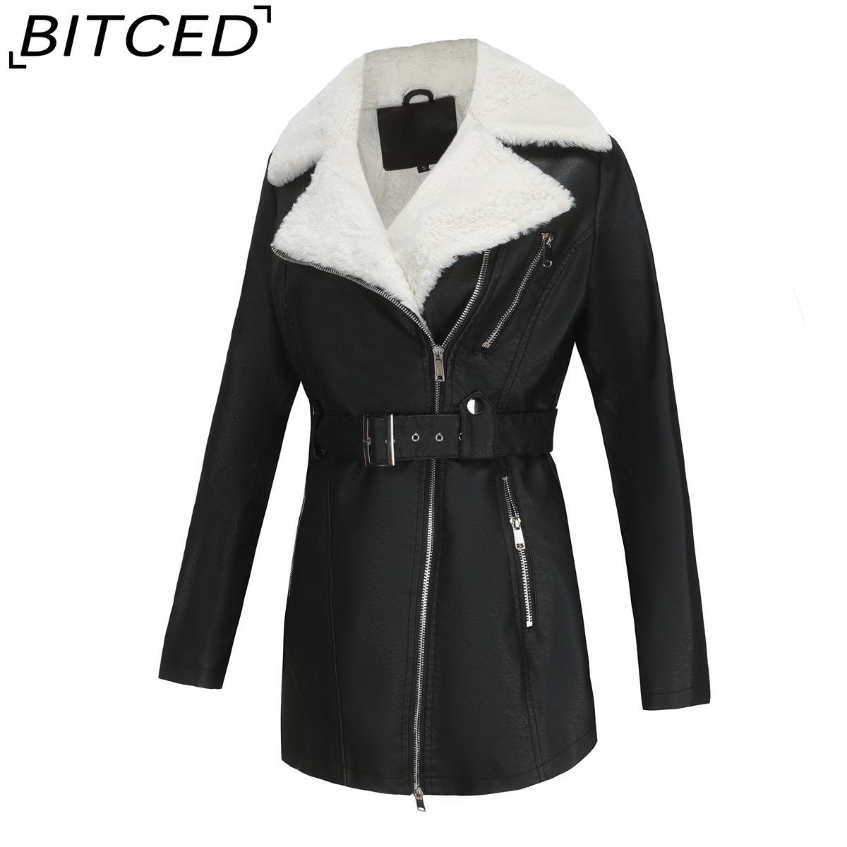 

BITCED Autumn/Winter Long-Sleeved Fleece-Lined Leather Jacket for Women with Lapel Collar, Double-Ended Zip and Belted Waist for Warmth S чёрный