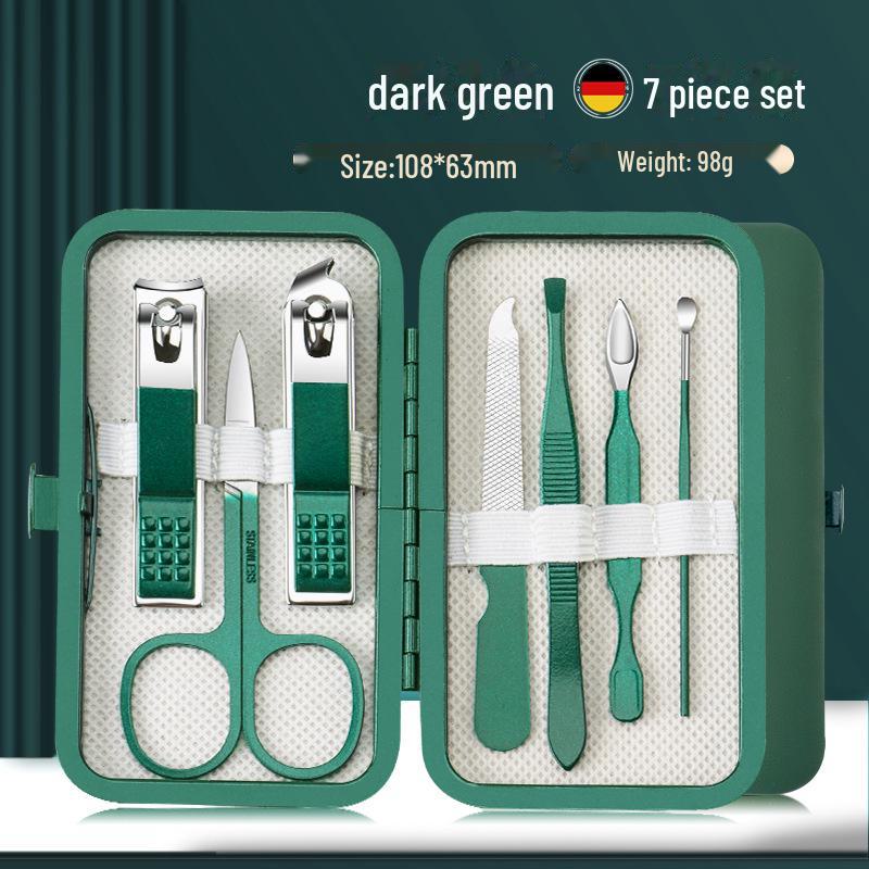 26-Piece Dark Green Stainless Steel Manicure Set: Nail Clippers, Dead Skin Remover, Scissors
