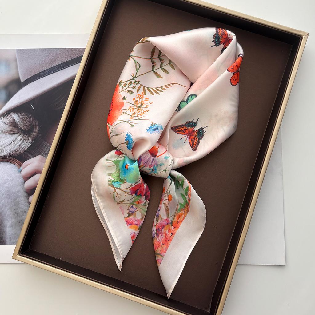 Luxury Square Scarf For Women Elegant Ladies Hijab Neckerchief Shawl For Travel Soft Stain Floral Print Imitation Silk Scarves