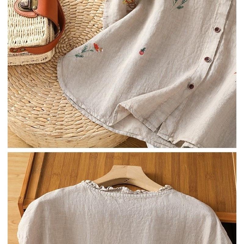 Women Navy Blue Cotton Linen Floral Embroidered Sleeveless Button Blouse With Ruffle Neck Summer Casual Top