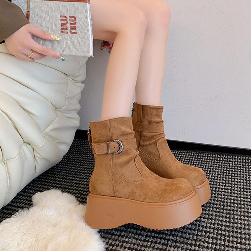 Fashion Retro Thick Bottom Heightening Boots Women's Shoes Autumn New Versatile Suede Solid High Heels Goth Chelsea Botas Ladies Shoes