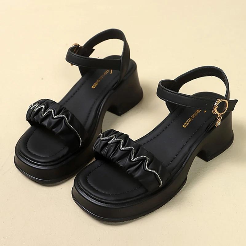 

Fashion Pleated Pu Leather Platform Sandles Women 2025 Fashion Crystal Thick Sole Sandals Woman Ankle Strap High Heeled Sandals Female 35 чёрный