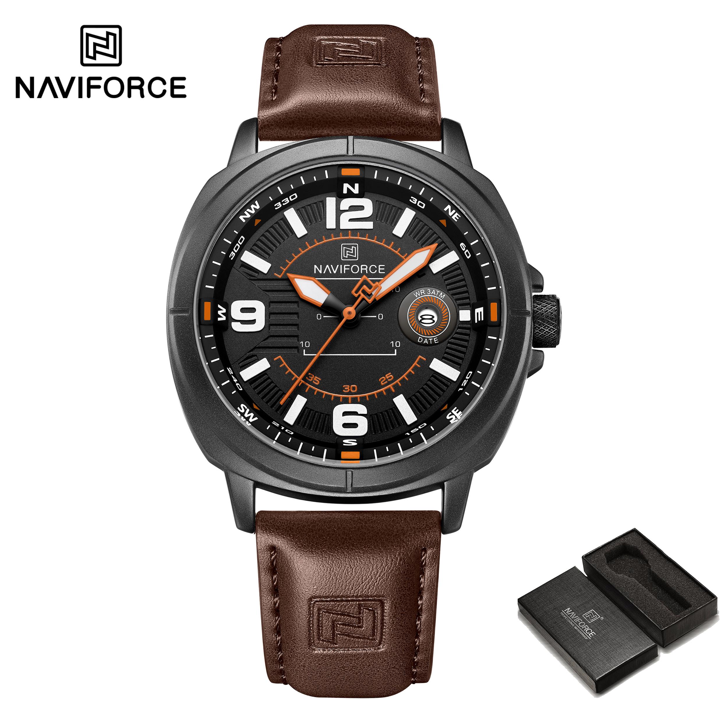 

NAVIFORCE Men s Leather Watch Calendar Quartz Movement 30m Waterproof Luminous Pointer Casual Fashion Men s Watch NF8078 помаранчевий