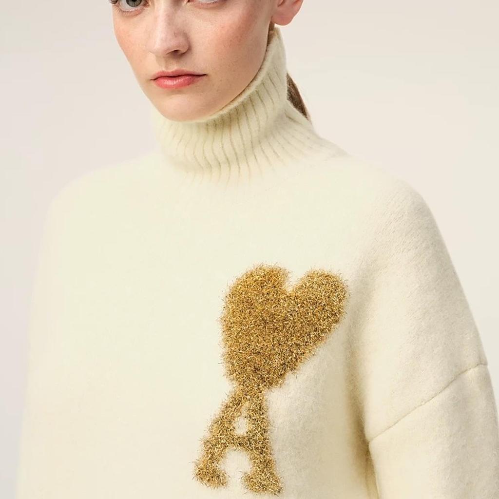 AMI 2025 Herbst und Winter Neu Gold und Silber Großes Herz Alpaka-Wolle Gemischt Weich und Klebrig Gestrickter Partner-Rollkragenpullover