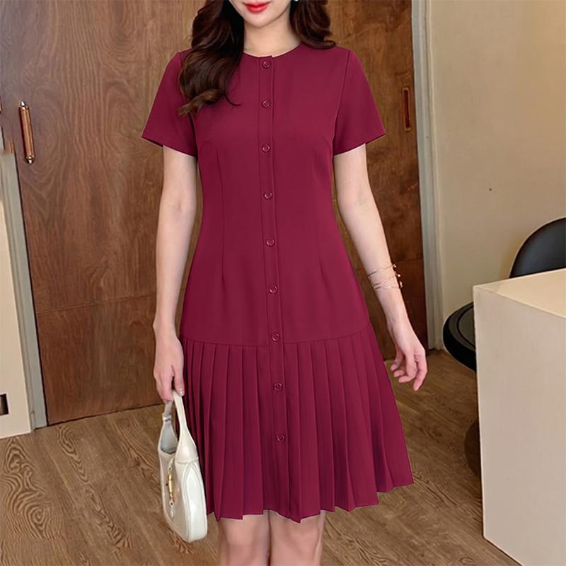 ZANZEA Women Casual Round Neck Solid Color Short Sleeve Pleated Dress