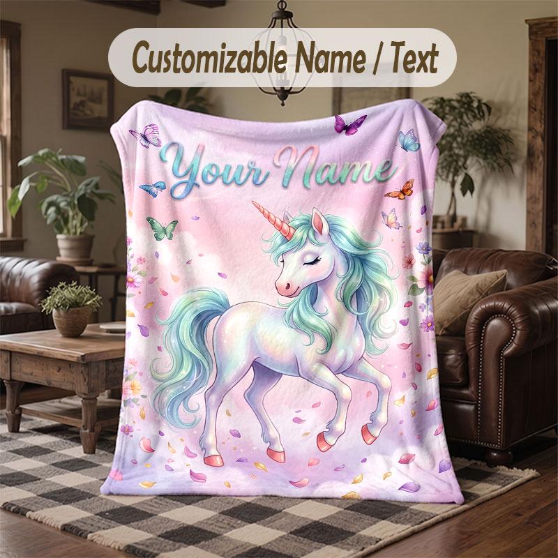 Einhorn-Thema Decke mit individuellem Namen und Text Personalisierte Decke Weiche Gemütliche Decke für Zuhause Sofa Bett