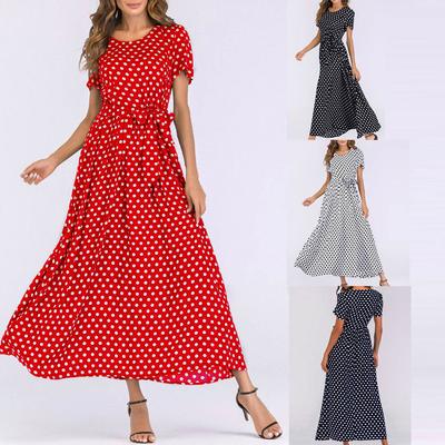 Rochie maxi lungă, cu mâneci scurte, cu mâneci scurte, bandaj cu buline