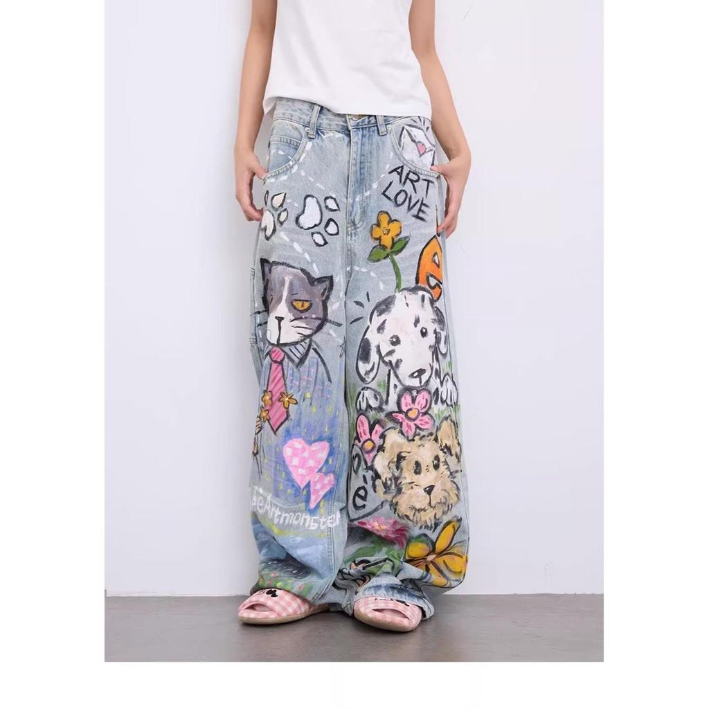 Men's Spring Retro Graffiti Print Wide-Leg Jeans: Casual, Cool, Loose-Fit