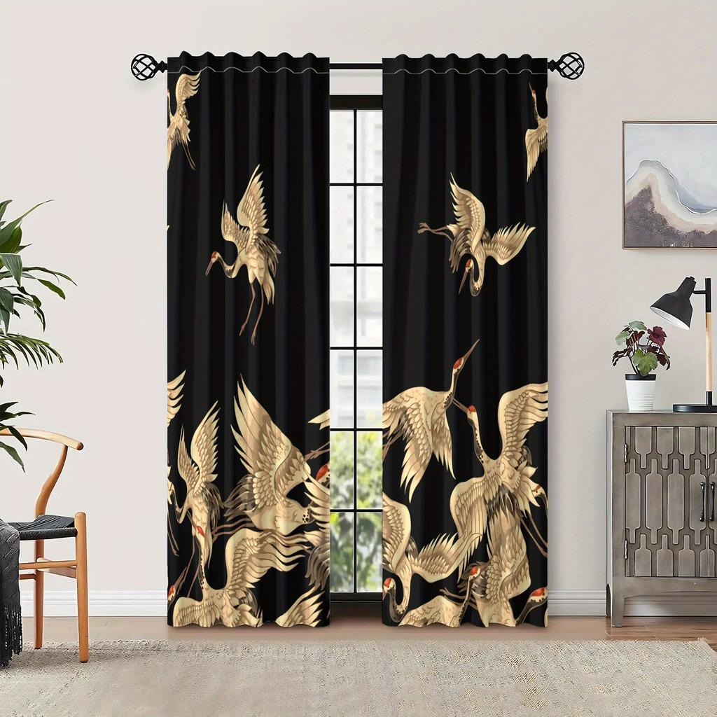 2PCS Blackout Curtains Oriental Golden Chinese Crane Vintage Print Polyester Rod Pocket Top for Living Room Elegant Home Decor