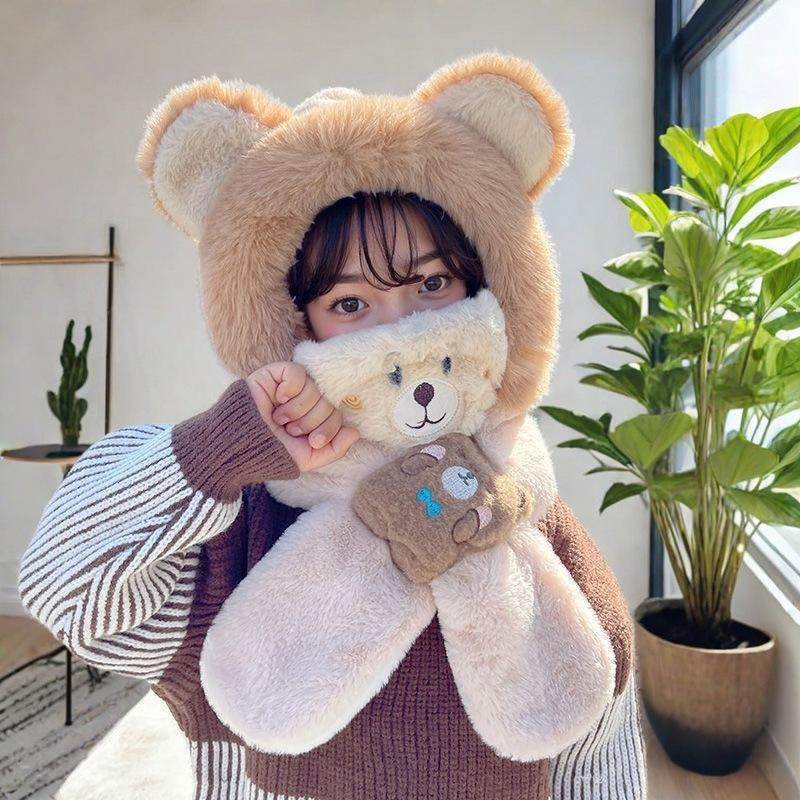Baby Hat Winter Children's Scarf Integrated Cute Bear Ear Hat Autumn and Winter Warm Knitted Hat