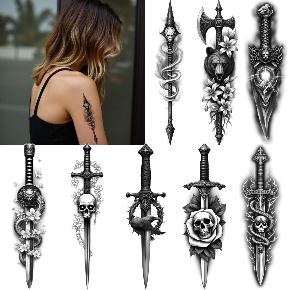 3pcs Temporary Tattoo Sword With Glowing Heart Realistic Temporary Tattoos Sword With Bear And Flowers For Thighs Adults Arms