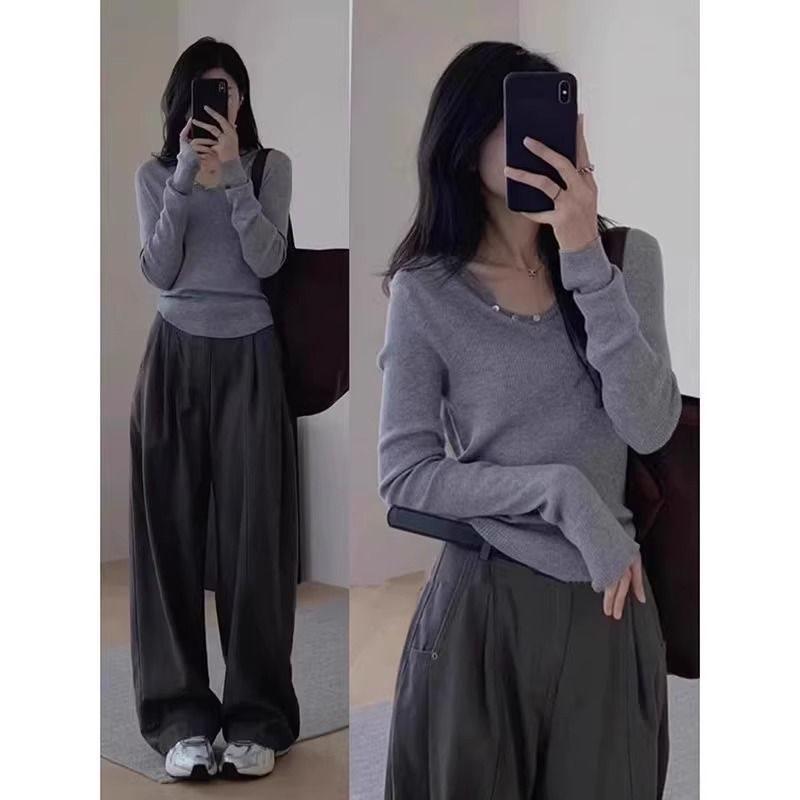 

Women s Grey U-Neck Knitted Top - Spring/Summer Design S 80-95