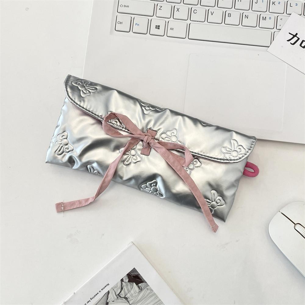 Classic Bowknot Pu Pencil Case With Zipper Closure For Students And Girls