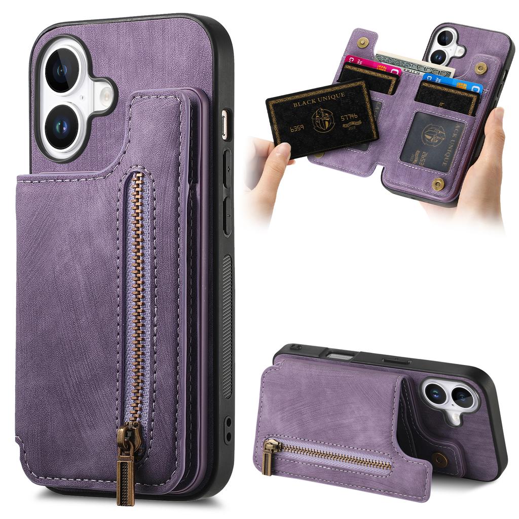 For iPhone 16 Pro Case with Card Holder Retro Leather+TPU Zipper Phone Cover