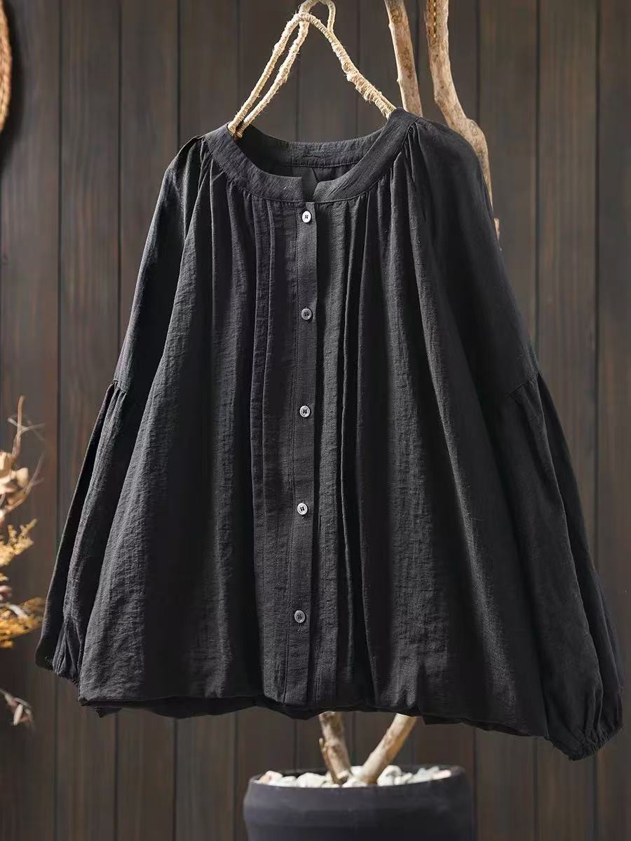 

Johnature Женские весенние винтажные рубашки на пуговицах, однотонные блузки, свободные, с круглым вырезом, с длинным рукавом, повседневные женские рубашки One Size чёрный