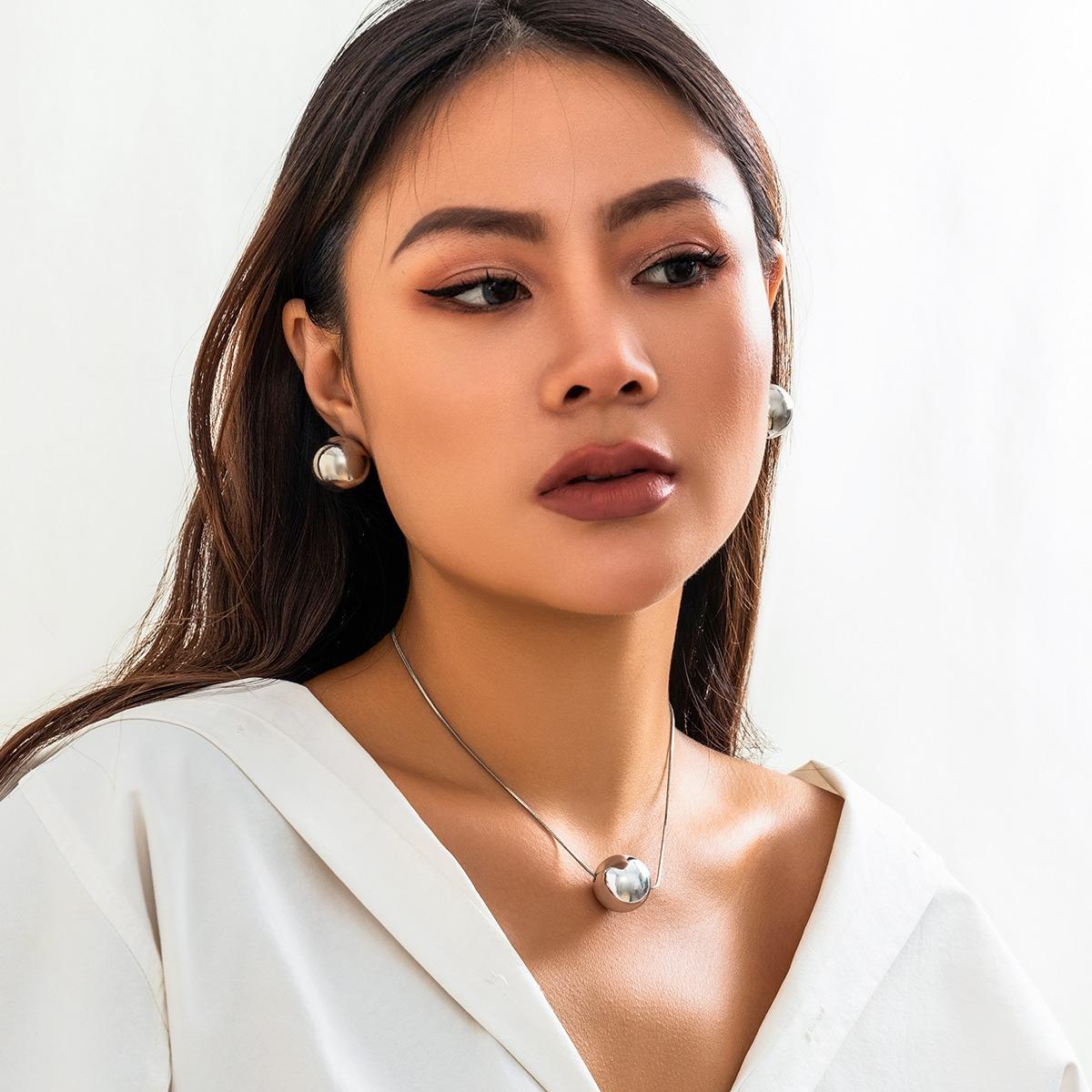 

Модный простой геометрический сферический комплект ювелирных изделий ожерелье и браслет для женщин серебряный