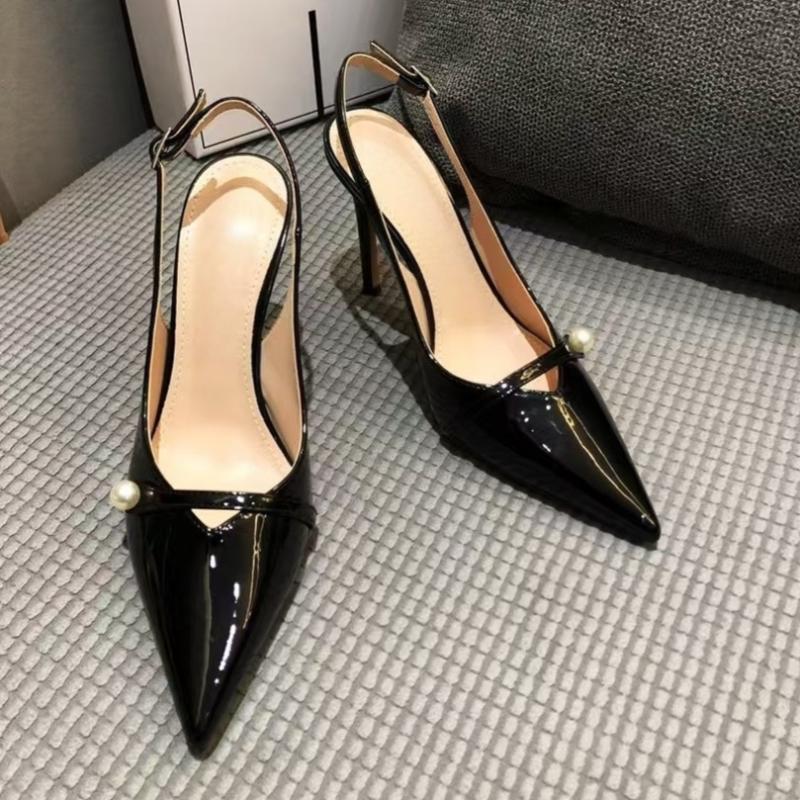 Fashion Women's Temperament Baotou Sandals Summer New Pointy Shallow Mouth Pearl Metal Buckle A Slip-on Stiletto Heels