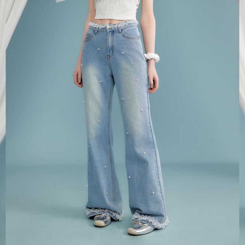 UNIFREE Women s Light Blue Pearl Flared Jeans with Lace 2XL