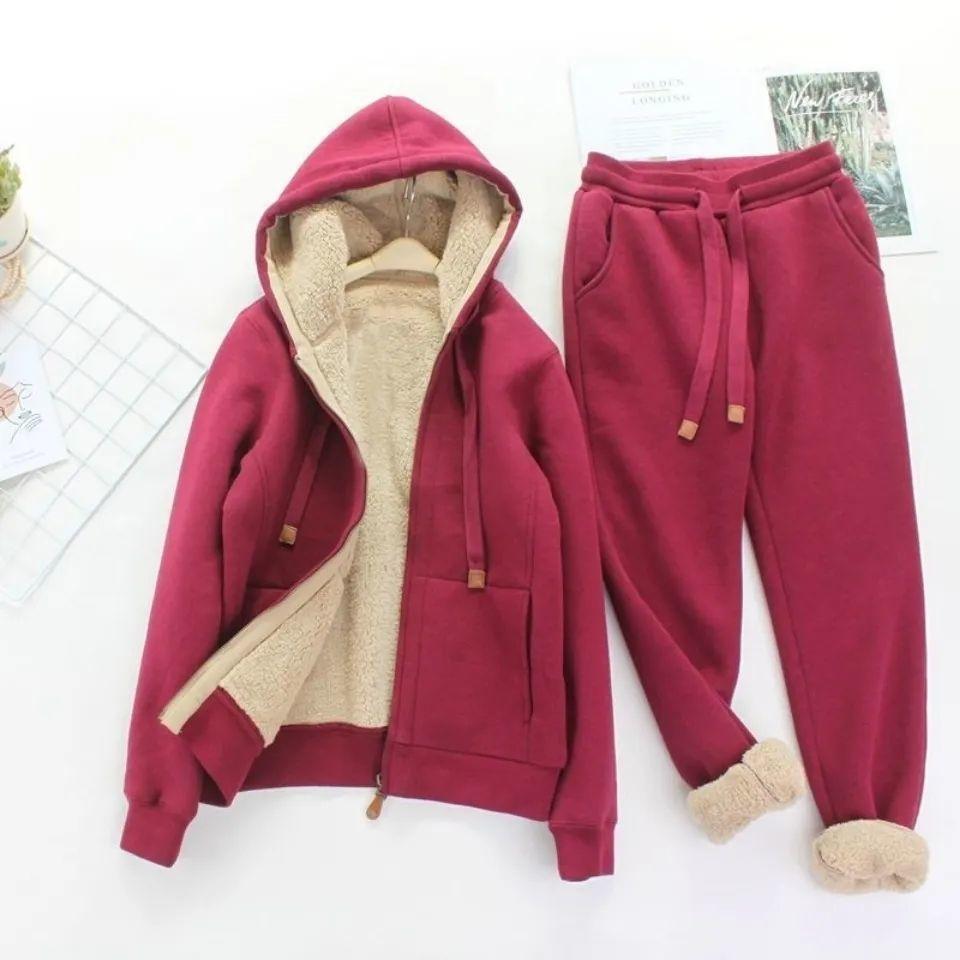 Damen Herbst- und Winter-Sportanzug mit Plus-Samt-Verdickung, Damen Locker und Schlank, Lässig, Zweiteilig, Westlicher Stil