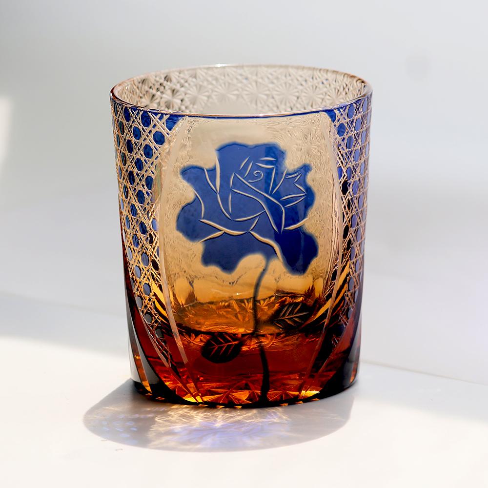 240ml Classic Handmade Edo Kiriko Whiskey Glass Tumbler with Rose Design Japanese Style Red Blue Cocktail Cup with Gift Box