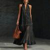 Women Halter Neck Denim Mesh Patchwork Maxi Dress Button Front Ruffle Hem Summer Dress