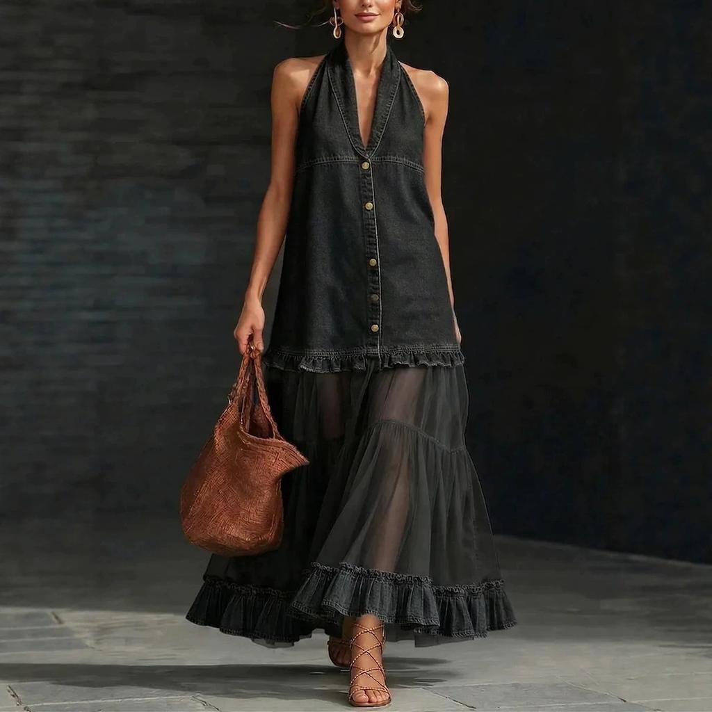 Women Halter Neck Denim Mesh Patchwork Maxi Dress Button Front Ruffle Hem Summer Dress