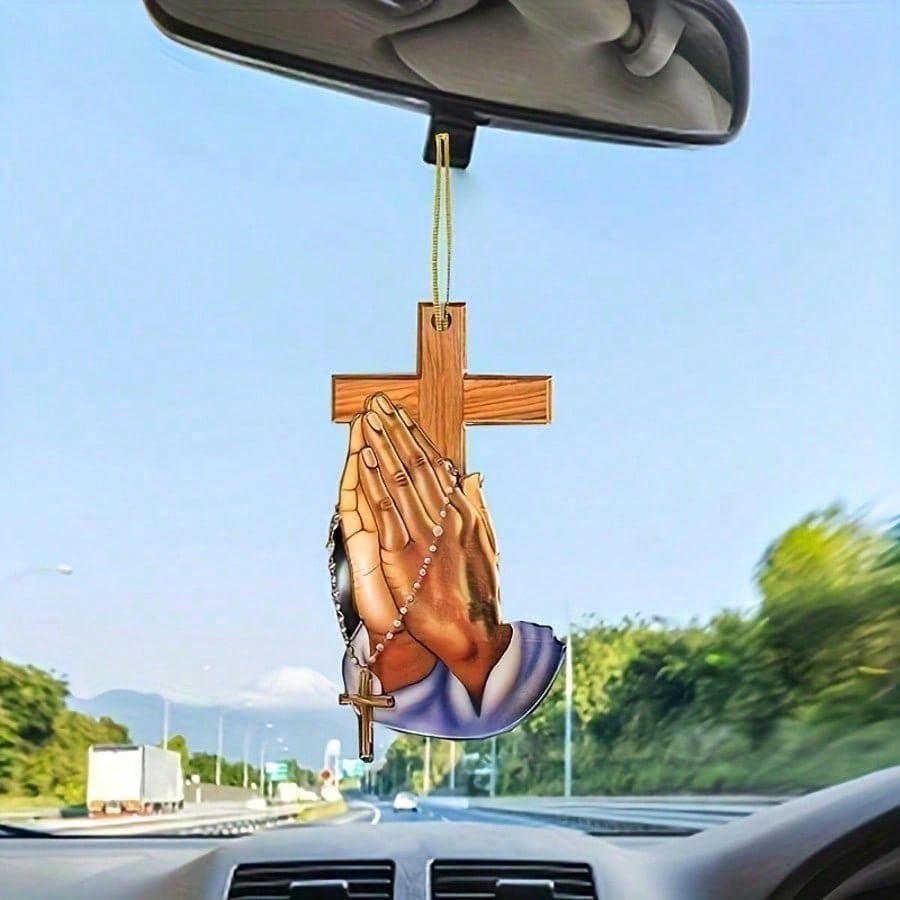 1-Piece 2D Flat Crystal Prayer Hand&Cross Car Hanging Decoration with Chain, Delicate Talisman for Rearview Mirror&Keychain Gift