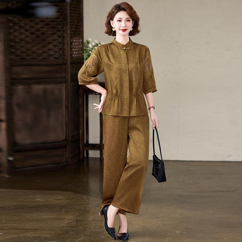 

Women s Chinese-Style Two-Piece Set: Short-Sleeved Shirt & Casual Pants, Summer Fashion for Middle-Aged & Elderly Moms. 2XL [95-115 lbs]