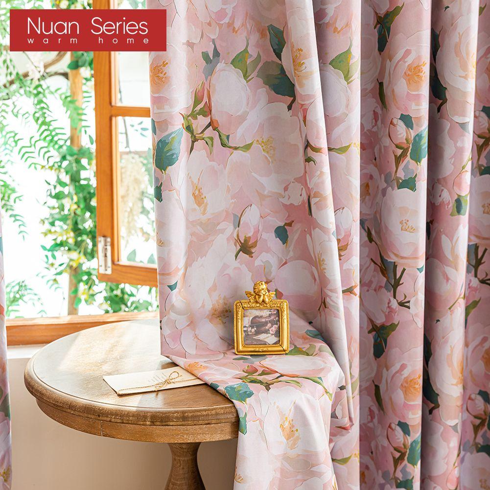 1 Stück Nuan Serie Französischer Landhausstil Verdunkelungsvorhänge Rosa Kamelien-Druck Vorhänge für Schlafzimmer Wohnzimmer Balkon Fenster für Heimdekoration