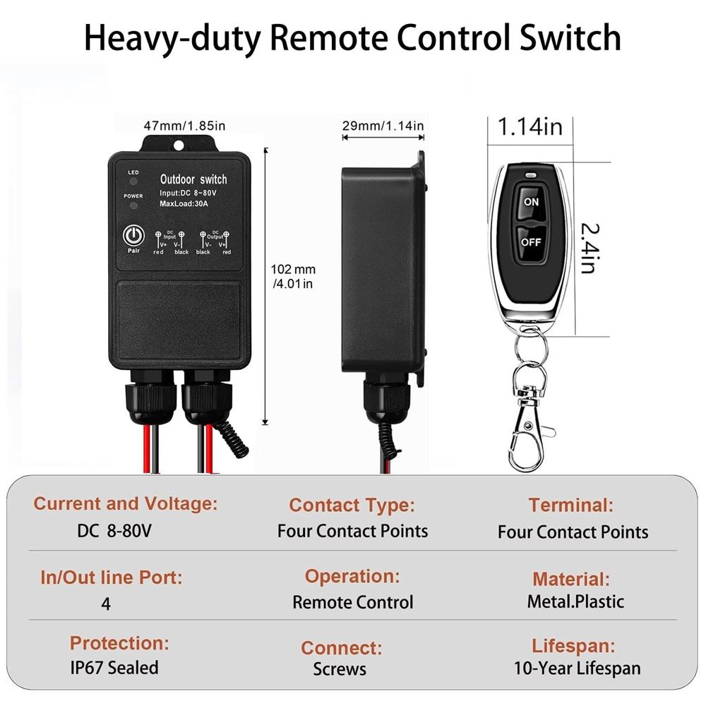 12V Heavy Duty Remote Control Switch IP67 Waterproof DC8-80V 30A Relay Wireless