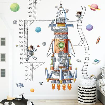 Autocollants Muraux Règle de Mesure de la Hauteur Fusée Spatiale de Dessin Animé pour Chambre d'Enfant Décoration de Crèche Décalcomanies DIY en PVC