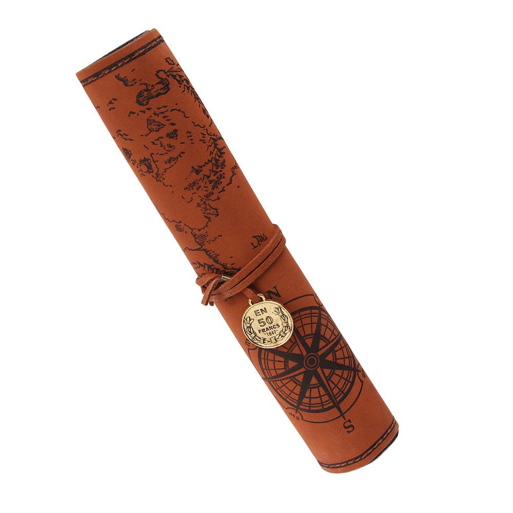 

Fashion Luxury Treasure Map Roll Retro Cosmetic Make Up PU Bag Case Bag Purse Pouch Pen Pencil Case for School Leather колір світло кави