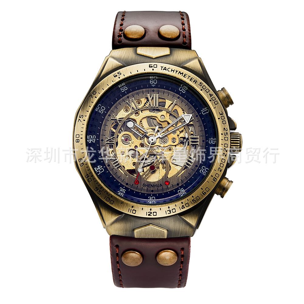 Ретро Скелетон Механические Часы Мужские Модные Повседневные, Бронзовые Автоматические Механические Часы