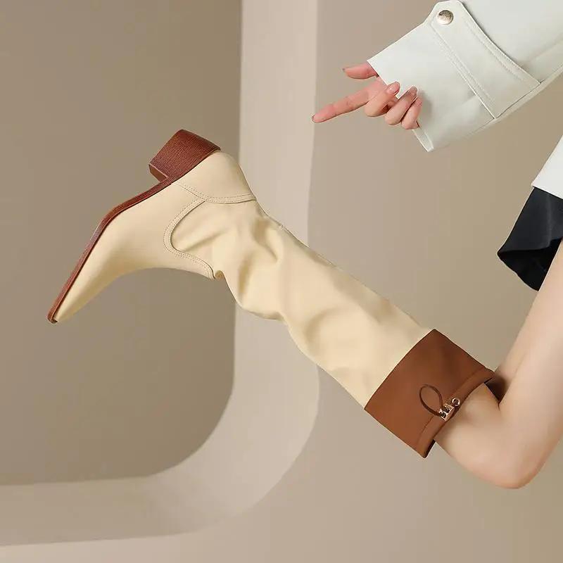 Fashion Middle Heel Square Toe Knee High Shaft Shoes Woman on Offer Chic and Elegant Work Waterproof Trend 2025 Y2k Long Boots for Women