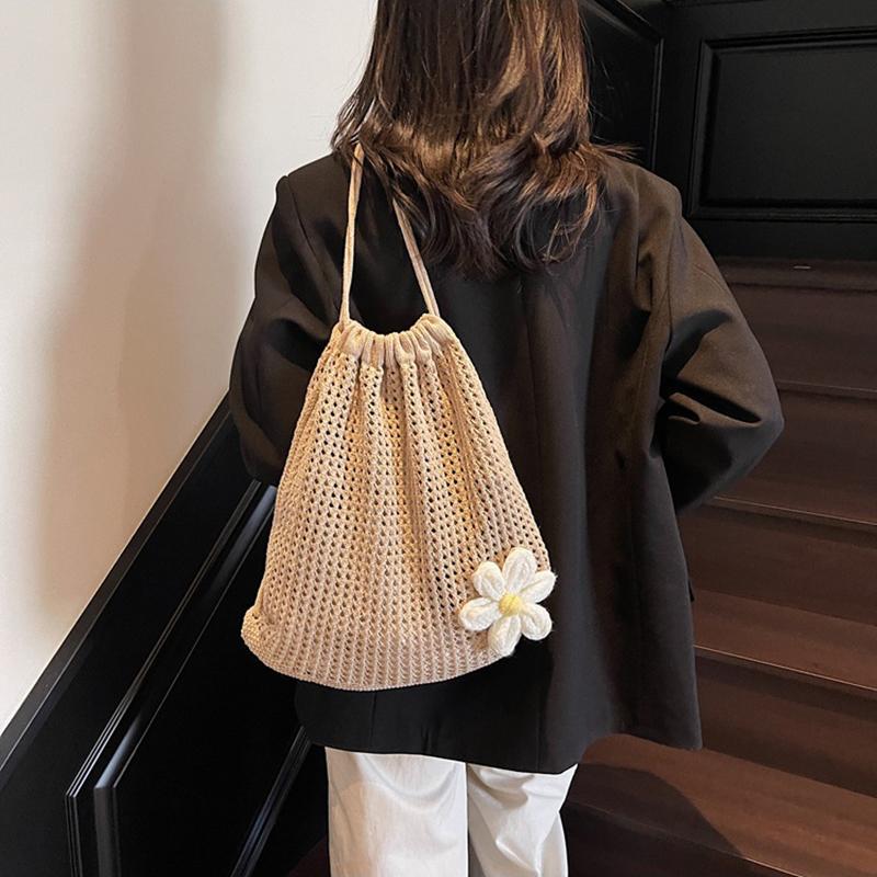 Yogodlns Fashion Solid Color Floral Decor Crochet Shoulder Bag Woven Women Beach Holiday Bucket Hollow Out Large Capacity  Backpack