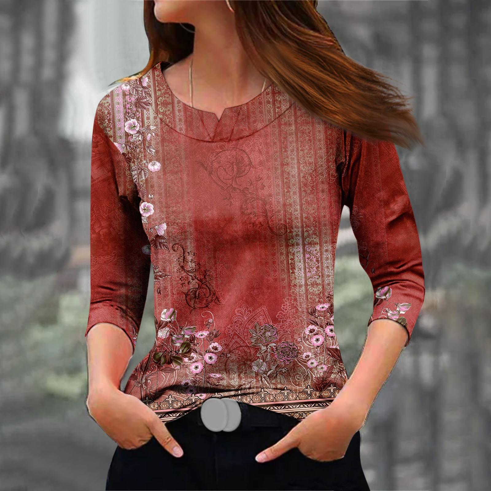 

Women s Fashionable Casual Printed 3/4 Sleeved Round Neck T-shirt Top XL гарячі рожевого кольору