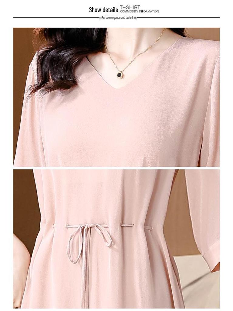 Elegant Plus Size V-Neck Mulberry Silk Dress - Age-Reducing & Slimming