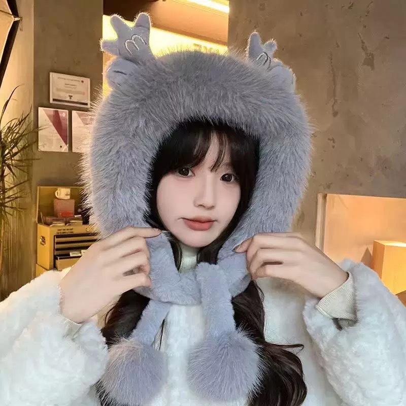 Women's Cute Fluffy Hat with Scarf and Ear Protection for Autumn/Winter