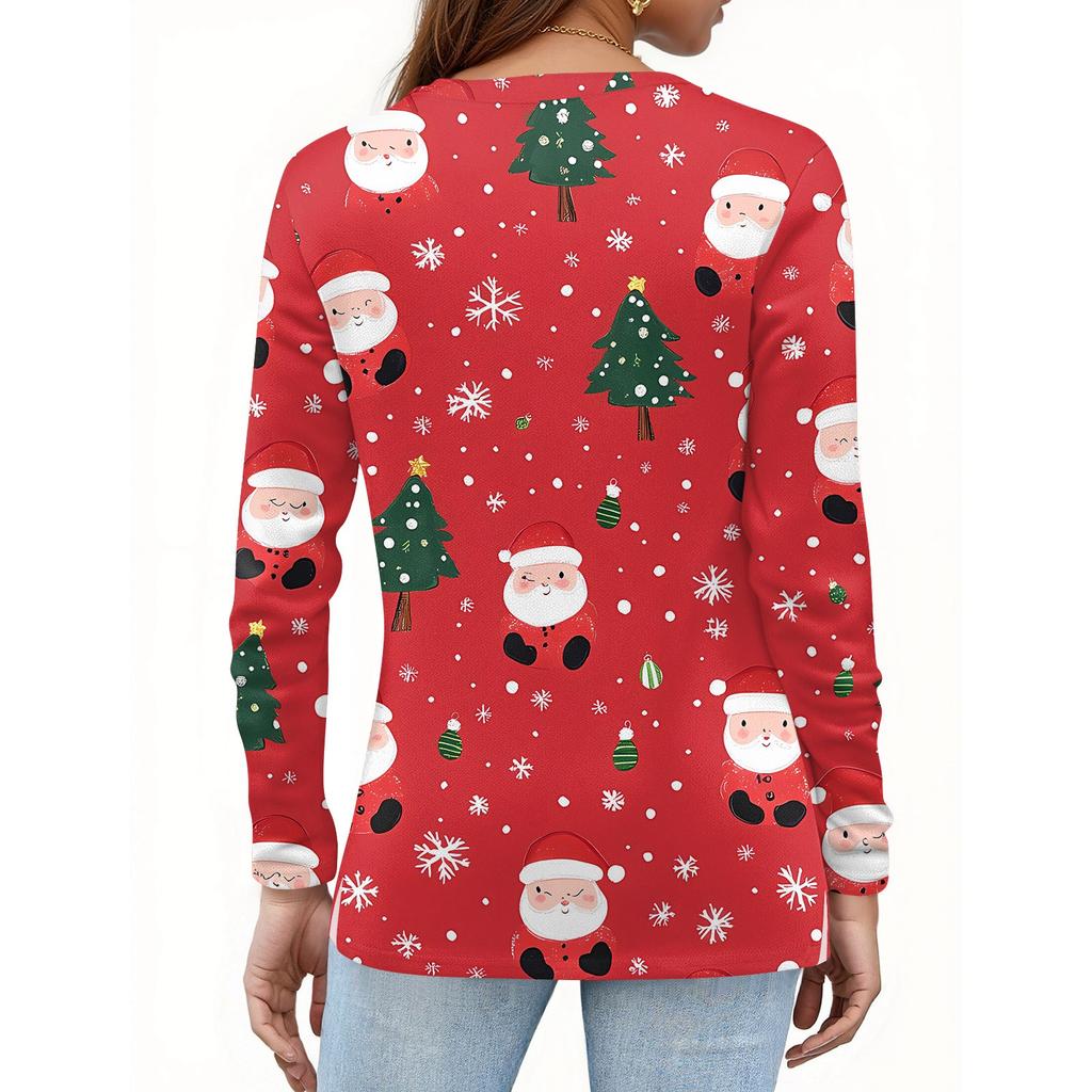 Women's Fashion Casual Slit Hem Round Neck Long Sleeve Loose Christmas Printed T-Shirt Ladies Top