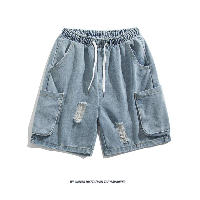 

Мужские модные джинсовые шорты свободного кроя с рваными деталями и большими карманами - Универсальные летние повседневные шорты прямого кроя для работы. XXXL синий
