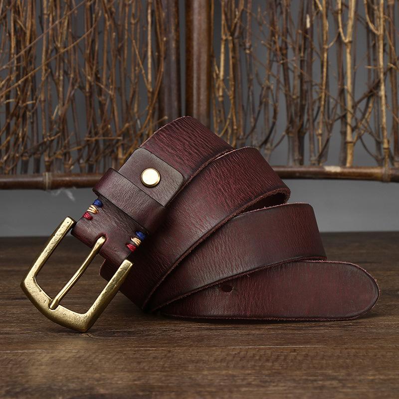 Belt Men's Thick Retro Vegetable Tanned Cow Leather Brass Buckle Belt Men's Casual Rough Fashion
