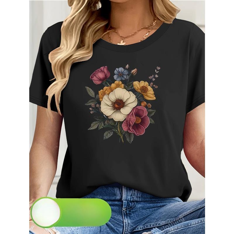European Size Women's Short-Sleeve Blouse -Elegant Floral Print T-Shirt, Spring/Summer Casual Top,Short-Sleeve Blouse for Weddings, Parties,Daily Wear